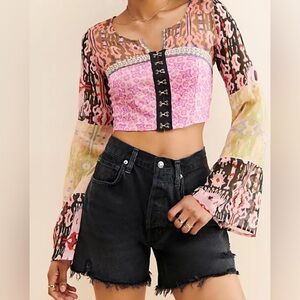 Free People - NWT - Colorful Sheer Long Sleeve Crop Top